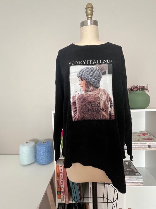 Black crewneck sweater with print