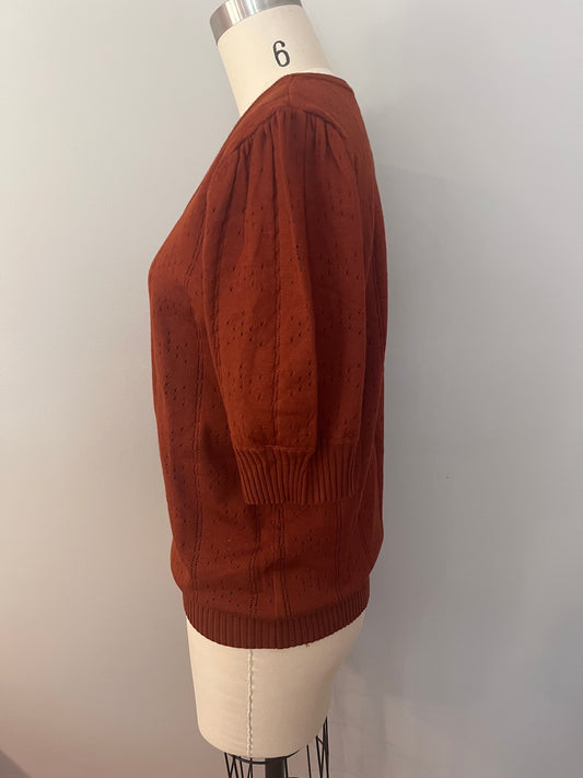 Pointelle puff-sleeve knit top